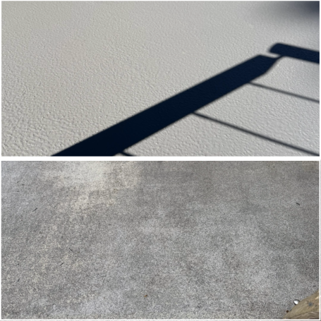 Graue Oberfläche oben mit scharfen Schatten, darunter helle Betonfläche.