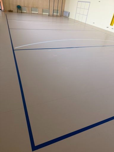 heller Sportboden in einer Turnhalle mit blauen und weißen Feldmarkierungen