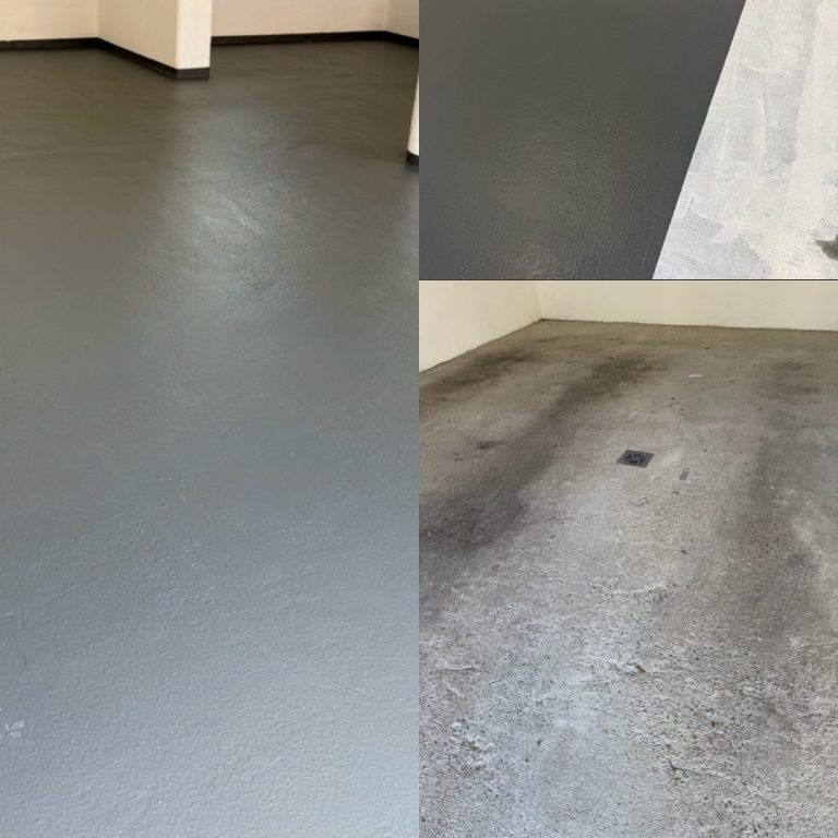 Garagenbodensanierung ein dreigeteiltes Bild - vorher alter Betonboden und dann neuer dunkelgrauer Boden mit Beschichtung in einer Garage