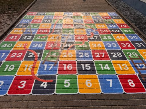 Bunte Sprungspielmatte mit nummerierten Kästchen von 1 bis 36.