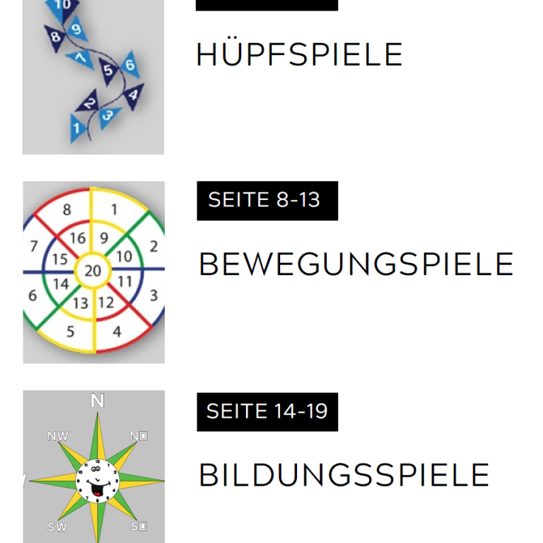 Eine Übersicht von Spielen: Hüpfsport, Bewegungsspiele und Bildungsspiele.